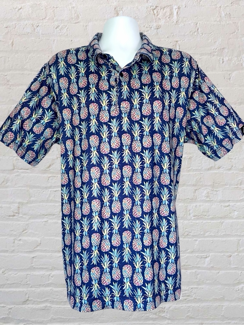 Deolax Pineapple Print Polo Men’s XL Blue Tropical Golf Performance Stretch
